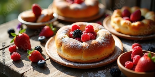 A mouthwatering display of fresh berry tarts garnished with strawberries, raspberries, and blackberries on rustic wooden plates.