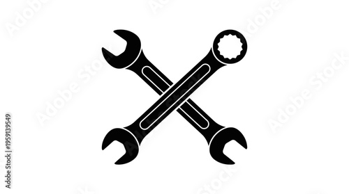 Crossed wrench tools vector icon design for repair, maintenance, construction, mechanic service, industrial equipment, engineering, DIY projects, hardware store branding, black silhouette illustration