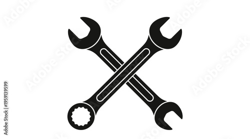 Crossed wrench tools vector icon design for repair, maintenance, construction, mechanic service, industrial equipment, engineering, DIY projects, hardware store branding, black silhouette illustration