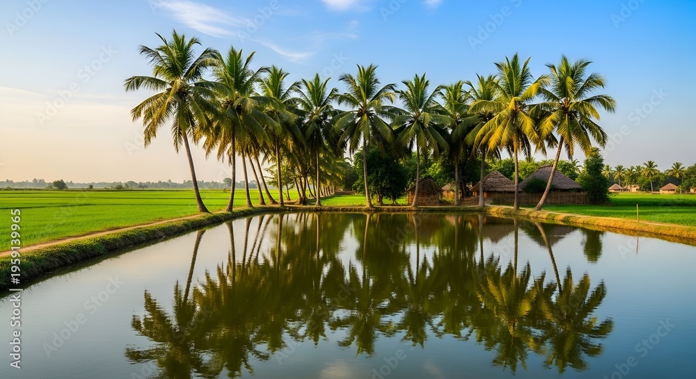Fototapeta premium A serene landscape featuring a row of tall palm trees reflecting in a calm rural village pond area.