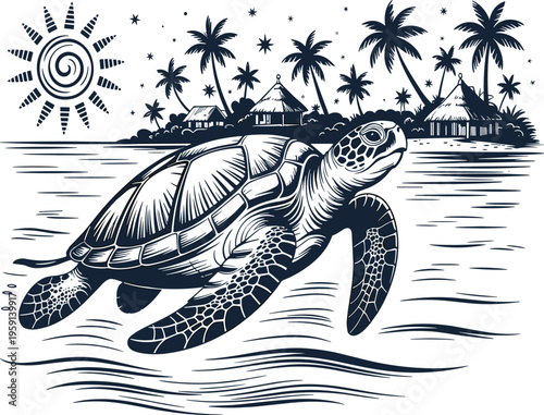 Sea turtle swimming in ocean with tropical island, palm trees, sun, and summer beach hut vector