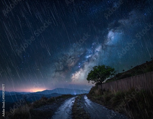 Illustration of a rainy night (against the backdrop of a vast universe)
