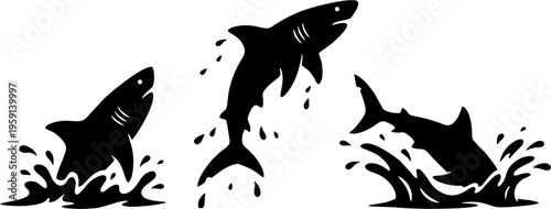  Shark jumps from the water silhouette set