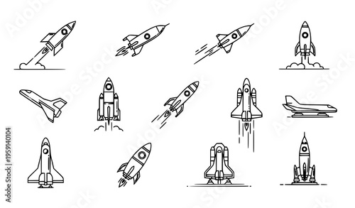Minimalist rocket and spaceship icons monoline vector set with launch and flight positions isolated on white background