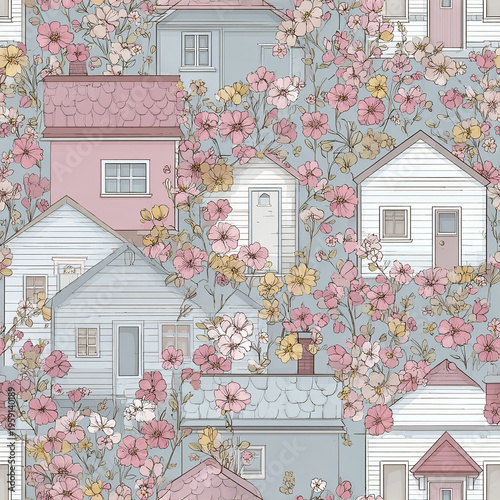 Cottagecore pastel floral pattern with small houses and blooming flowers in soft pink, yellow, and blue tones creating charming and delicate seamless design