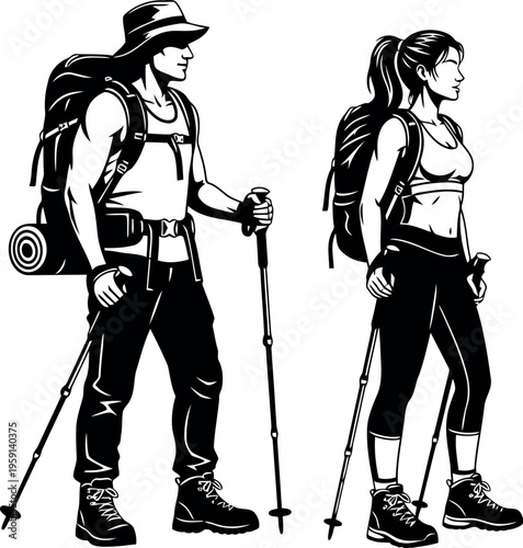 Vector illustration of a male and female hiker with backpacks and trekking poles