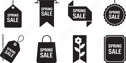 Eight black silhouette price tags and banners prominently displaying SPRING SALE text