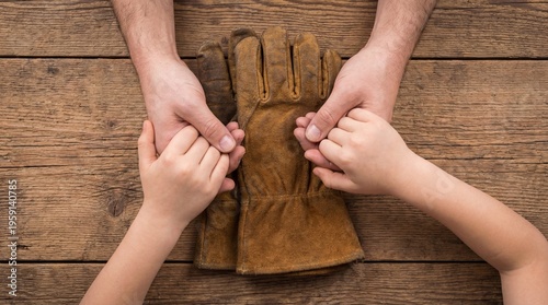 Overhead Shot of Adult and Child Hands Holding Over Heavy-Duty Leather Work Gloves