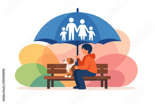 Family Protection Under Umbrella with Dog and Person Sitting on Bench.