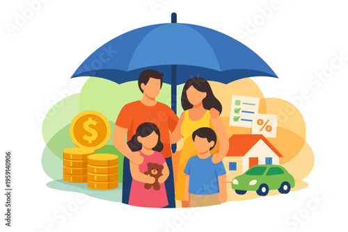 Family Protected Under Umbrella With Financial Security and Home.
