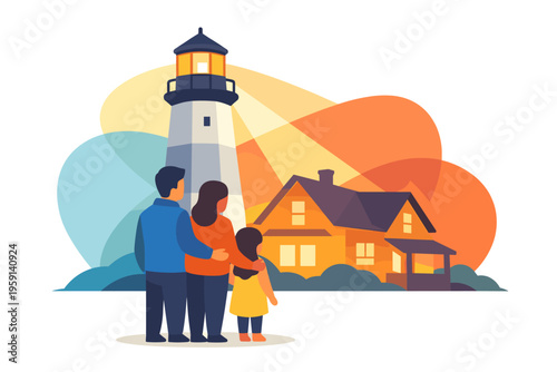 Family stands near lighthouse and house on coast.