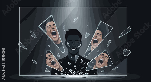 Man surrounded by shattered screens with screaming faces dark background spotlight