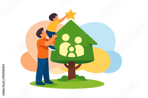 Father and son place star on family tree illustration.