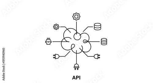 API concept illustration: cloud integration with gears, databases, and plugs