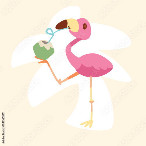 Pink Flamingo Drinking a Coconut