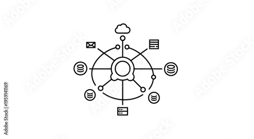 Centralized Data Hub Connecting Cloud, Servers, and Databases with Network Icons