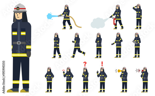 フラットイラスト：黒い消防服の消防士セット(表情あり)