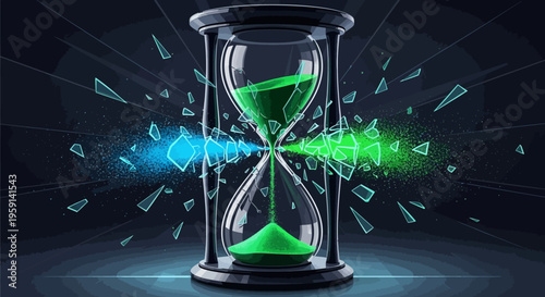 Glowing green hourglass with futuristic neon light trails and particles on dark background with circuit patterns
