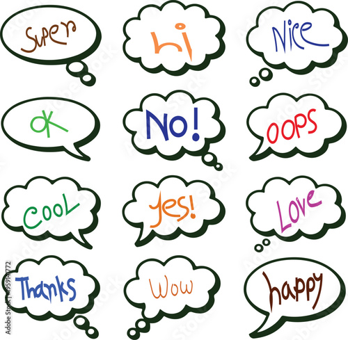 Colorful Speech Bubbles with Various Words and Expressions