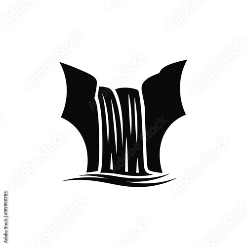 Silhouette of a black waterfall with white streams and splashes