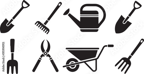 Collection of essential gardening tools and equipment presented as bold black silhouettes