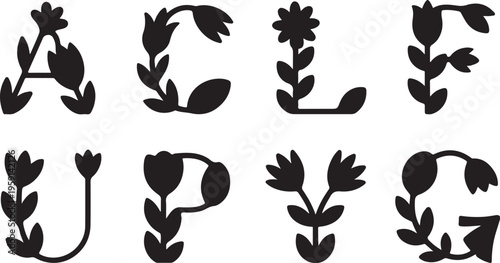 Eight stylized uppercase alphabet letters with beautiful floral and plant motifs
