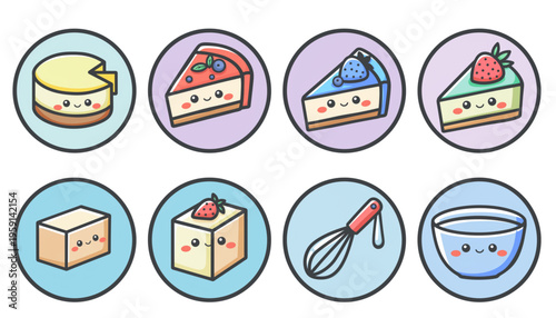 Cute pastel kitchen icons set featuring sandwiches, cake slices, tofu, whisk, and mixing bowl in circular frames—perfect for cooking apps, menus, and food-themed designs