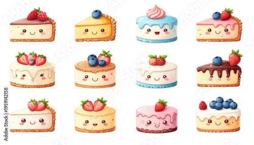 Cute cartoon cake collection with smiling faces, strawberries, blueberries, chocolate drips, and frosting in pastel colors, perfect for bakery, birthday, and dessert themes