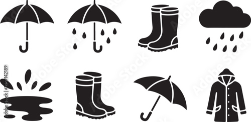 Solid black silhouette icons representing various rainy weather and waterproof items