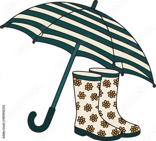 Stylish green and cream striped umbrella with cheerful yellow floral rain boots for rainy weather