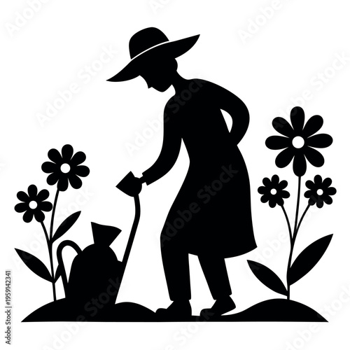 Silhouette of a person gardening with a sun hat 
