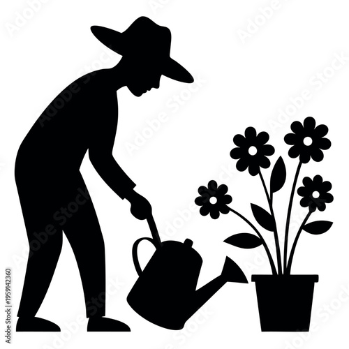 Silhouette of a person gardening with a sun hat 