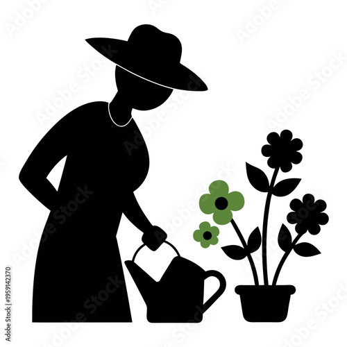 Silhouette of a person gardening with a sun hat 