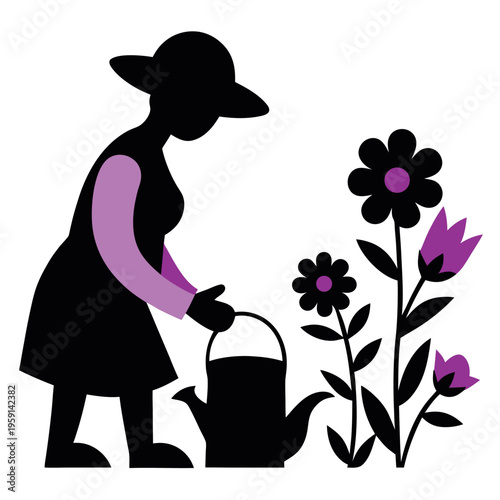Silhouette of a person gardening with a sun hat 