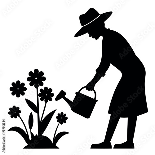 Silhouette of a person gardening with a sun hat 