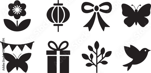 A charming collection of simple black silhouette icons featuring flowers, lanterns, bows, and butterflies