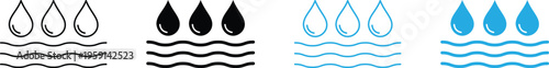 Set of water droplet icons with waves in outline and solid styles. Vector graphic elements for water levels, liquid storage, and environmental nature conservation isolated on transparent background.