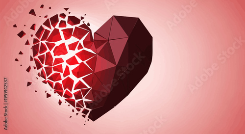 Broken heart with cracked mosaic pieces on pink background symbolizing love loss and heartbreak