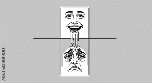 Split face illustration with happy and sad expressions on gray background