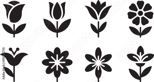 A minimalist grid of eight black silhouette flowers featuring distinct petals and shapes