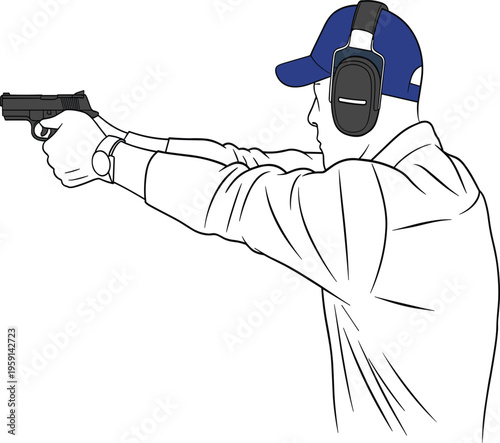 Minimalist vector drawing of a shooter in a cap practicing target shooting with a pistol