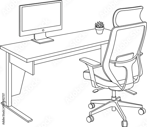 Modern home office workspace vector with ergonomic chair computer monitor on desk and small succulent
