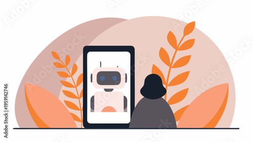 A person interacts with a robot on a smartphone screen illustration