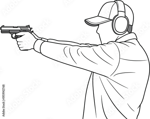 Side view line art illustration of a person wearing ear protection aiming a semi-automatic handgun