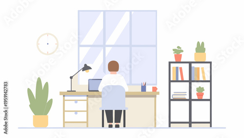 A man sits at a desk in front of a window with a laptop