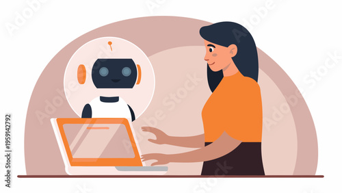 A woman interacts with a robot on her laptop computer screen