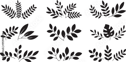 A diverse collection of nine distinct hand drawn black leaf clusters and botanical elements