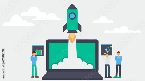 A vector graphic illustration of a rocket launching from a laptop computer