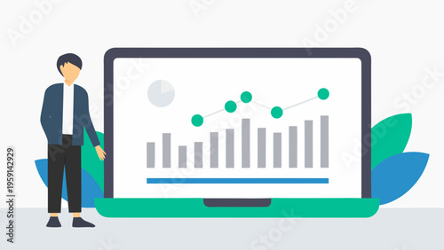 A businessman standing next to a large laptop with a graph on the screen