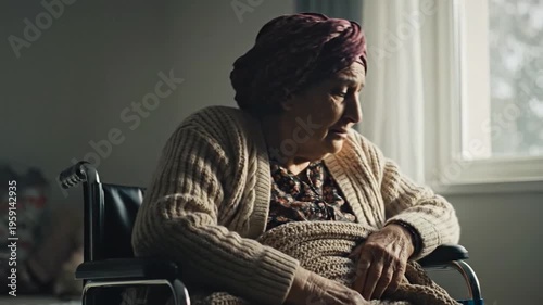 Elderly woman in a wheelchair looking out a window with a thoughtful expression